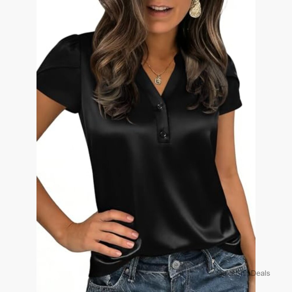 Satin Button Down Shirt V Neck Cap Sleeve Blouse for Business Casual - Picture 4 of 7